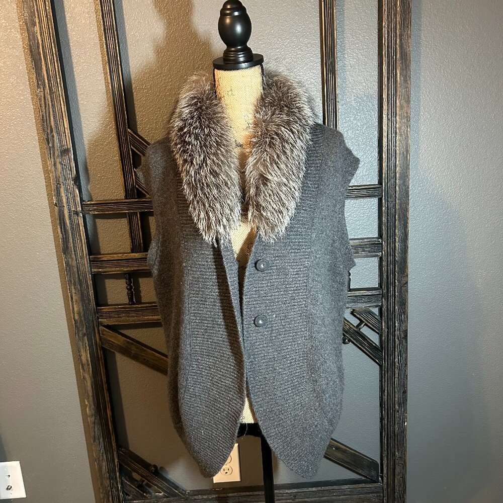 Gray Cashmere Vest with Fox Fur Collar, XL